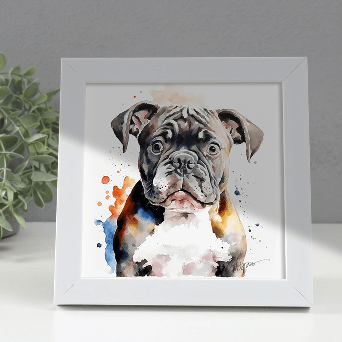 Картина "Щенок американского бульдога Харвет". # АМ-0019. В белой раме  рамке 18х18 см, размер изображения 15х15 см.