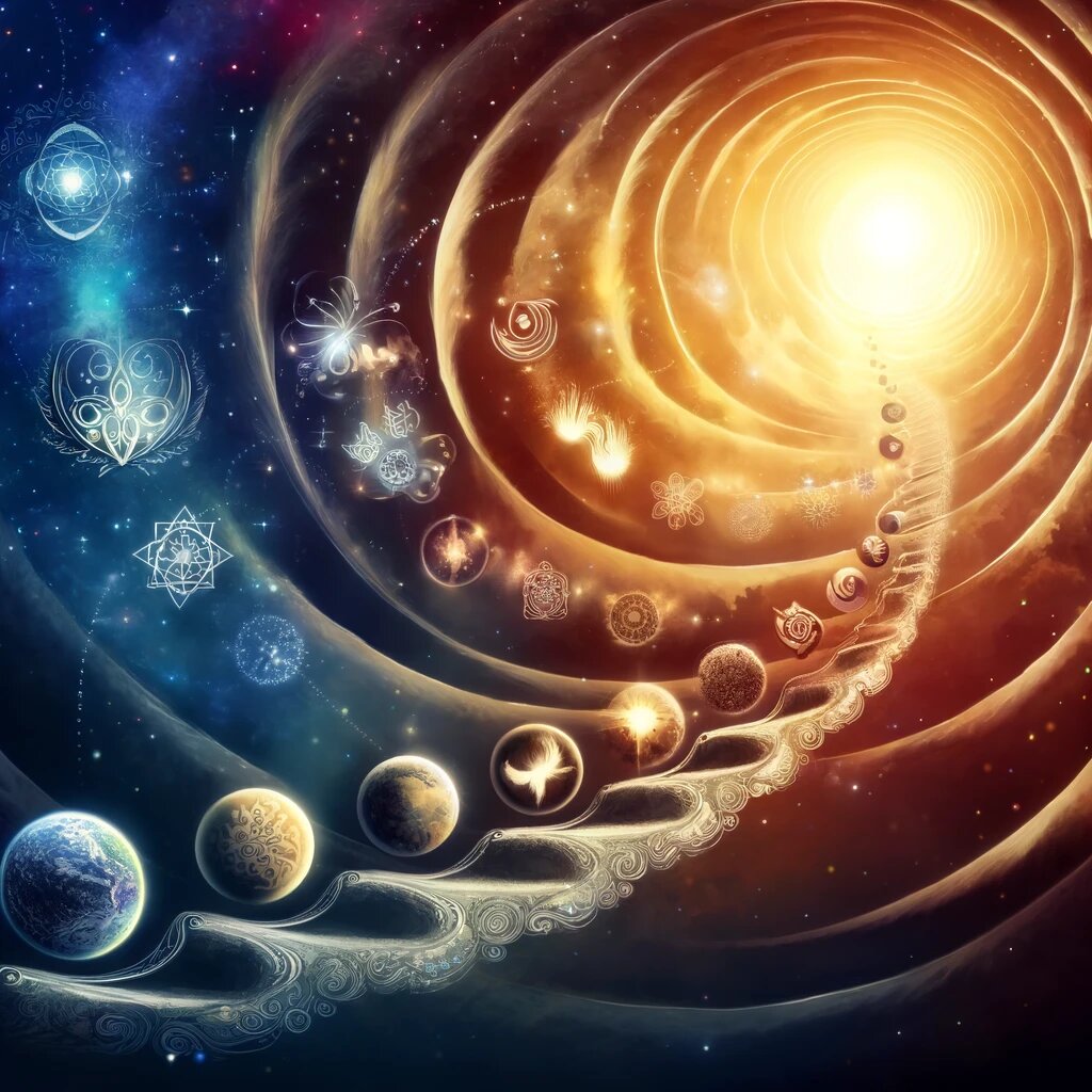 картинка представляет эволюцию сознания от первичного, связанного с Землёй, до высшего, Божественного Сознания. Изображение артистически воплощает путь через различные стадии сознания, изображённые в виде спирального пути, ведущего вверх, с символами или элементами, представляющими каждую стадию, на космическом или духовном фоне, символизирующем бесконечный потенциал человеческого роста и просветления.