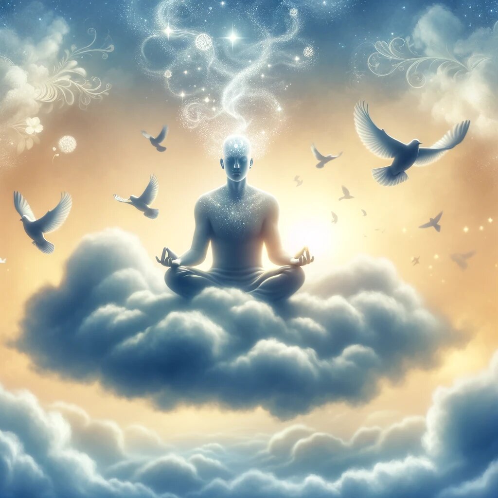 картинка изображает Сознание Воздуха как спокойную фигуру, медитирующую на облаке, окружённую лёгким бризом и свободно летающими птицами. Это символ свободы мысли, просветления и гармонии с Вселенной, отражающий состояние бытия, в котором индивид превосходит физические ограничения и соединяется с сутью жизни. Атмосфера картинки мирная и возвышающая, подчёркивающая чистоту и ясность этого уровня сознания.