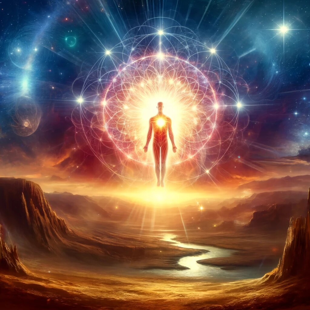картинка представляет Божественное Сознание как сияющее существо, излучающее свет и любовь, стоящее в пейзаже, соединяющем землю и космос. Эта фигура изображена как источник бесконечной мудрости и мира, окружённая символами единства и взаимосвязанности всего сущего. Среда одновременно мистическая и укоренённая, отражая двойственную природу божественного как имманентного и трансцендентного, воплощая конечное осознание человеческого потенциала и единства с Вселенной