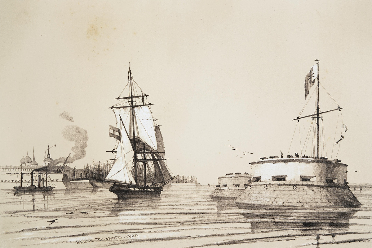 Андре Дюран. Вход на рейд Кронштадта. Литография. 1842 год.