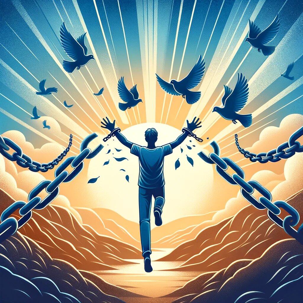 картинка символизирует освобождение от конфликтов с другими. На ней изображён человек, освобождающийся от цепей или оков, которые представляют негативные отношения и эмоции. Это изображение передаёт чувство свободы, облегчения и начала гармоничного пути к позитиву и пониманию. Фон может включать символы мира и гармонии, такие как голуби или спокойный пейзаж.