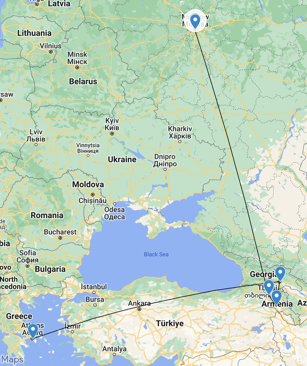 Наш маршрут Москва - Гюмри - Ереван - Тбилиси - Афины