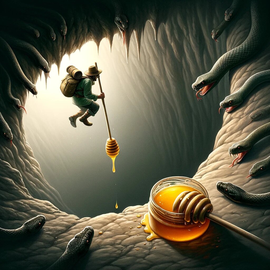 картинка погружает нас в опасную ситуацию, где путник упал в глубокую яму, окруженную подстерегающими его змеями. Несмотря на угрозу, его внимание привлекает единственная капля меда на стене ямы. Контраст между опасностью его положения и простым удовольствием от вкуса меда подчеркивается, выделяя тему нахождения радости среди превратностей судьбы.