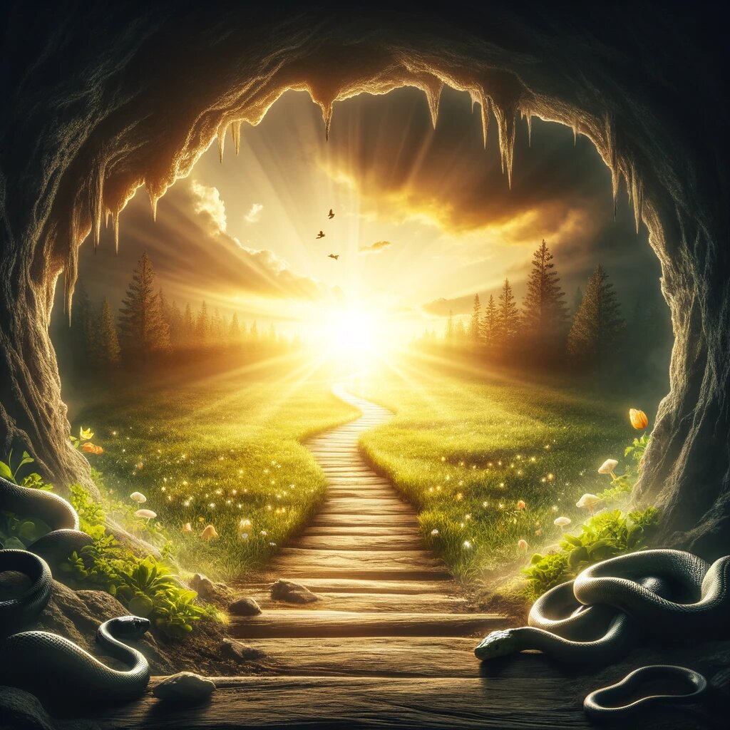 картинка символизирует путь из темноты к свету, вдохновленный опытом путника в яме. Изображение захватывает тропу, ведущую из темной, наполненной змеями ямы в светлый, солнечный пейзаж. Переход от темноты к свету отражает смену фокуса путника с окружающих опасностей на красоту и потенциал для счастья в жизни, даже в самых тяжелых обстоятельствах.