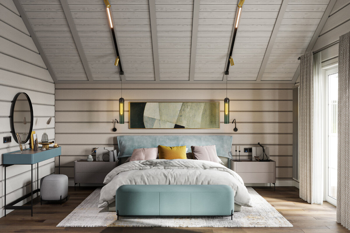 Спальня в деревянном доме по проекту Елена. Интерьера Анна Полева.