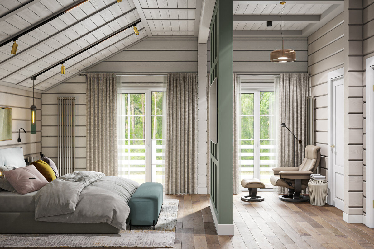 Спальня в деревянном доме по проекту Елена. Интерьера Анна Полева.