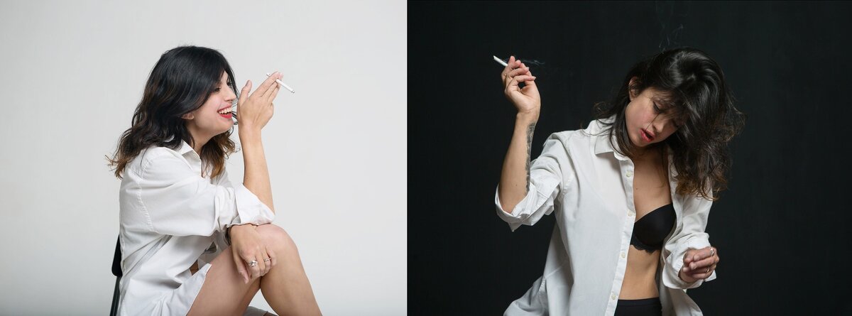    В студии предложите клиентке надеть белое или — наоборот — контрастное белье. Если поверх белья надета расстегнутая рубашка, девушка чувствует себя более раскованно, проще позирует и меньше стесняется тела, чем стоя перед камерой просто в белье / Фото: Елизавета Чечевица