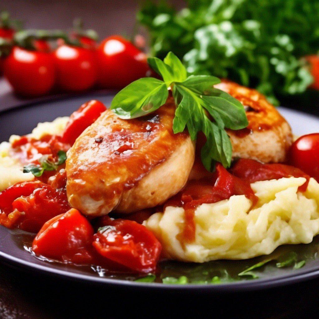 Куриное филе запеченная с помидорами черри и шпинатом. 