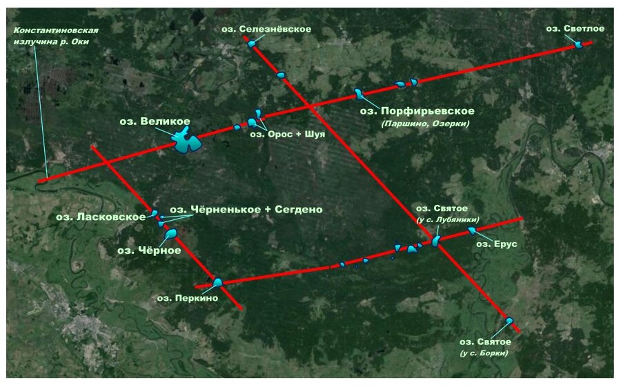 Расположение мещерских озер в пространстве неслучайно: подавляющее их большинство приурочено к разломным структурам (показаны красными линиями)