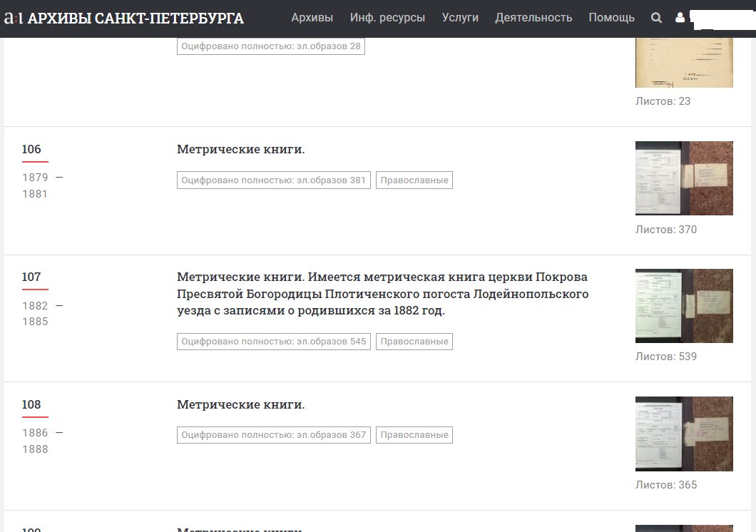 Генеалогия. Метрические книги Центрального государственного архива Санкт-Петербурга. Скриншот автора