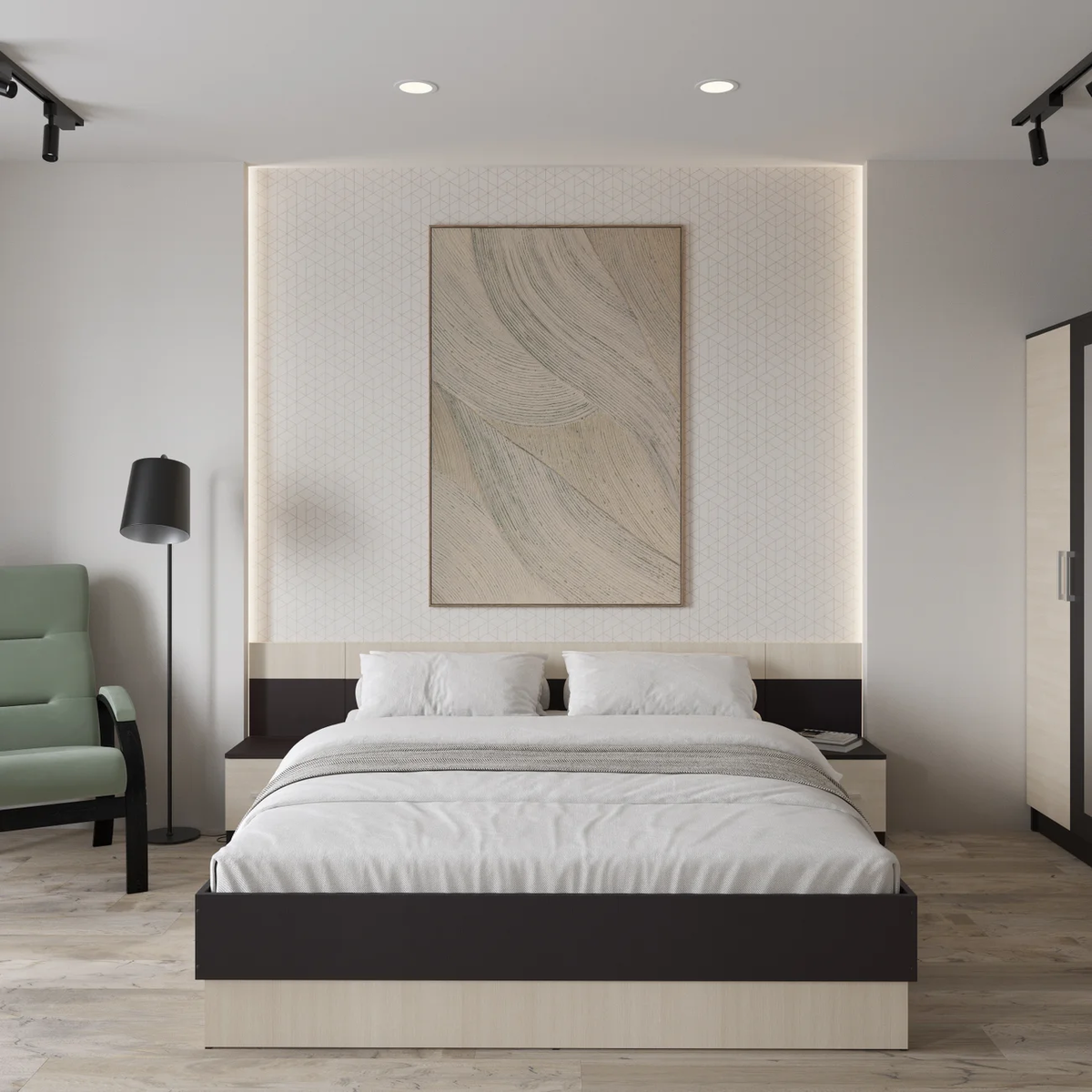 Подсветка нижи, торшер, точечные светильники над кроватью и споты по краям — такой микс дает возможность создавать разное настроение в спальне. Уютная спальня (20 кв. м) в молочных тонах с кондиционером