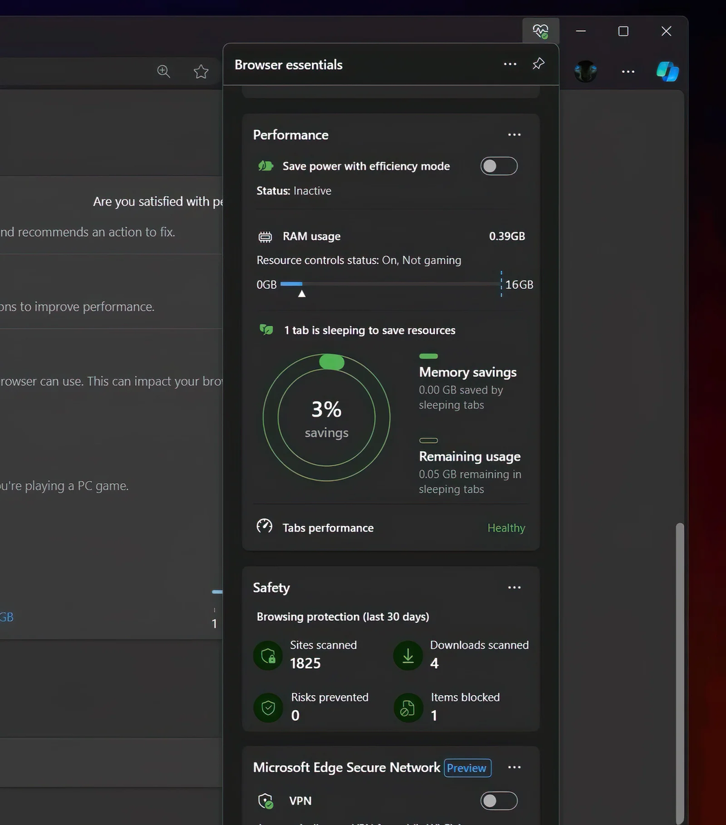 Пункт управления ОЗУ в Microsoft Edge источник: Twitter (X)