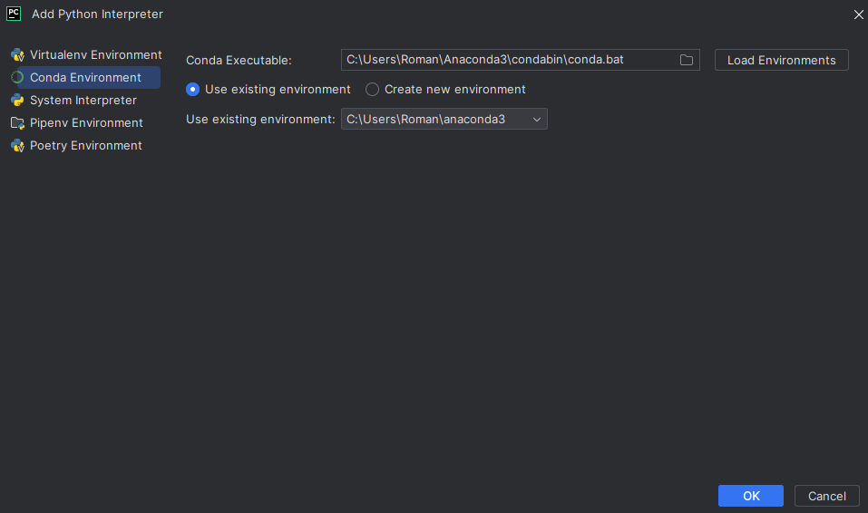 установка Conda интерпретатора