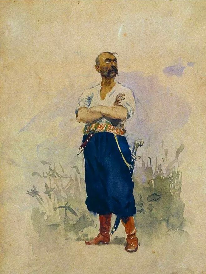 Показался и Святослав, приплывший по реке на скифской ладье; он сидел на веслах и грёб вместе с его приближёнными, ничем не отличаясь от них. Вот какова была его наружность: умеренного роста, не слишком высокого и не очень низкого, с густыми бровями и светло-синими глазами, курносый, безбородый, с густыми, чрезмерно длинными волосами над верхней губой. Голова у него была совершенно голая, но с одной стороны её свисал клок волос - признак знатности рода; крепкий затылок, широкая грудь и все другие части тела вполне соразмерные, но выглядел он угрюмым и диким. В одно ухо у него была вдета золотая серьга; она была украшена карбункулом, обрамлённым двумя жемчужинами. Одеяние его было белым и отличалось от одежды его приближённых только заметной ЧИСТОТОЙ. (Лев Диакон) 