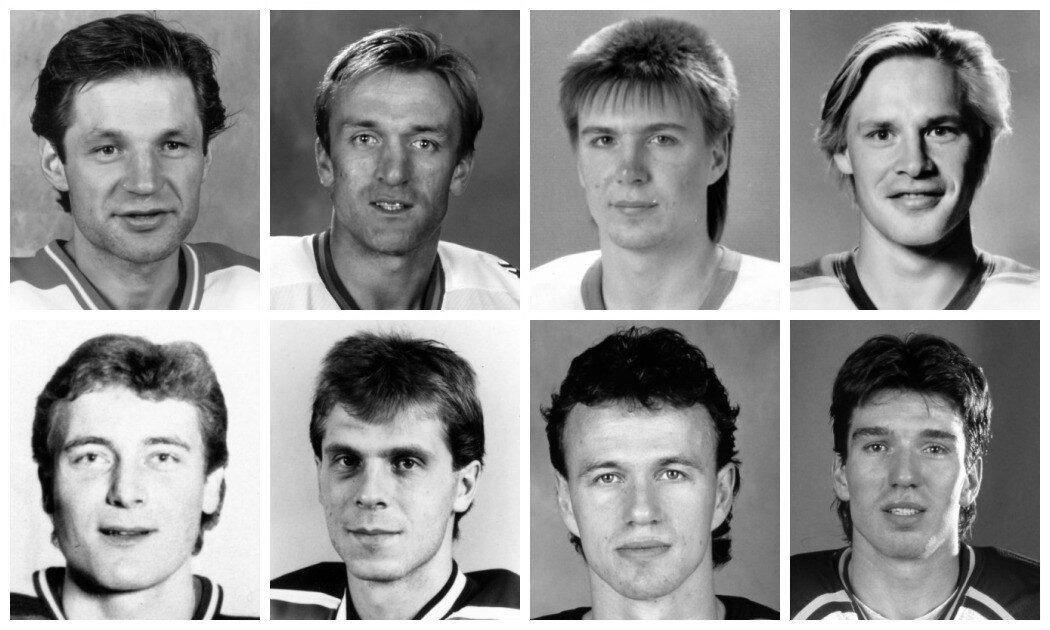 Дебютанты НХЛ сезона 1986/1987. Верхний ряд (слева направо): Франтишек Мусил, Михал Пивонька, Яри Грёнстранд, Кристиан Руутту. Нижний ряд (слева направо): Ханну Ярвенпяя, Андерс Карлссон, Фредрик Олауссон, Уве Крупп. Коллаж автора. Фото взяты из открытого источника Яндекс.Картинки