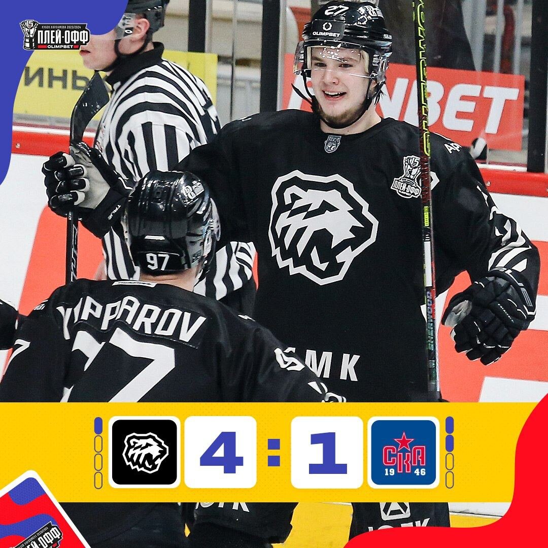 В Челябинске продолжился полуфинал розыгрыша Кубка Харламова. 1 и 2 апреля «СКА-1946» одержал две домашние победы с одинаковым счётом 4:1. Армейцы приехали на Урал, ведя 2-0 в серии до четырёх побед.

«Белые Медведи» выиграли с тем же счётом 4:1. Огромный вклад в успех челябинцев внёс вратарь Данил Мошаров, отразивший 32 броска соперника. На счету Никиты Екимова решающая шайба. Даниил Лазутин забил единственный гол «СКА-1946» с передачи Ивана Демидова, продлившего свою результативную серию до восьми матчей.

В стартовом отрезке гости испытывали серьёзные проблемы с реализацией, в отличие от челябинцев. Леонид Кулишов открыл счёт дальним кистевым броском на 13-й минуте. Вскоре после этого Никита Екимов с неудобной руки отправил шайбу между щитков вратаря и укрепил преимущество «Медведей». Две пропущенные шайбы за полторы минуты вынудили тренерский штаб «СКА-1946» заменить Павла Мойсевича на Кирилла Герасимюка. В перерыве армейцы провели работу над ошибками и на 19-й секунде второго периода отыграли один гол благодаря снайперскому попаданию Даниила Лазутина. Затем петербуржцы дважды оставались в большинстве, однако не смогли им воспользоваться. Челябинцы забили третий гол в формате «5 на 3» – Дмитрий Киржаков оперативно сработал на добивании и вернул на табло разницу в две шайбы. Во второй половине матча эмоции начали всё чаще перехлёстывать игроков: игра то и дело проходила в формате «4 на 4» из-за обоюдных удалений за грубость или толчок клюшкой. Хозяева образцово провели заключительную треть противостояния: они вдвое перебросали армейцев и забили четвёртый гол на 55-й минуте. 17-летний нападающий Степан Горбунов выдержал паузу перед Герасимюком и отправил шайбу в сетку.

Четвёртая игра серии состоится 7 апреля, начало в 11:00 мск.