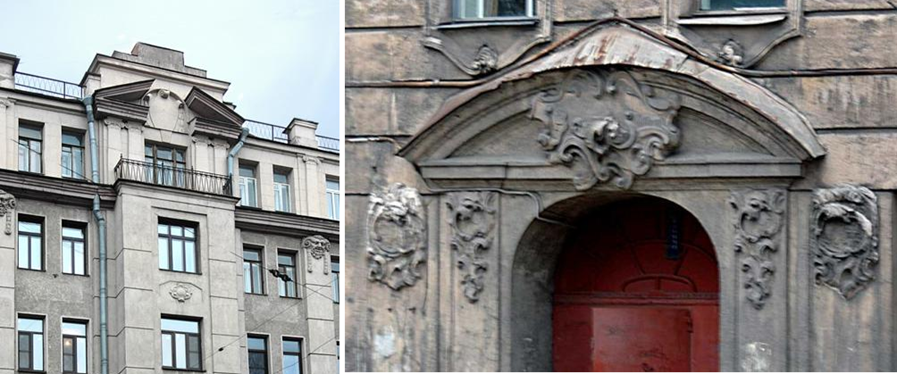 Примеры разорванных фронтонов. Санкт-Петербург, Ул. Куйбышева д. 36 и 6-ая линия д. 47