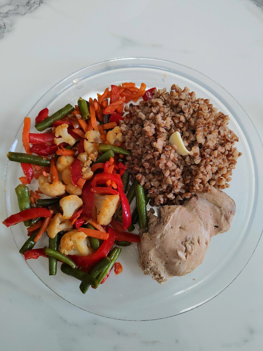 Куриное бедро с гречкой и овощами