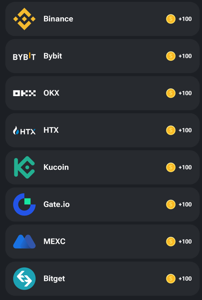 Биржи Binance, OKX, mexc, KuCoin 