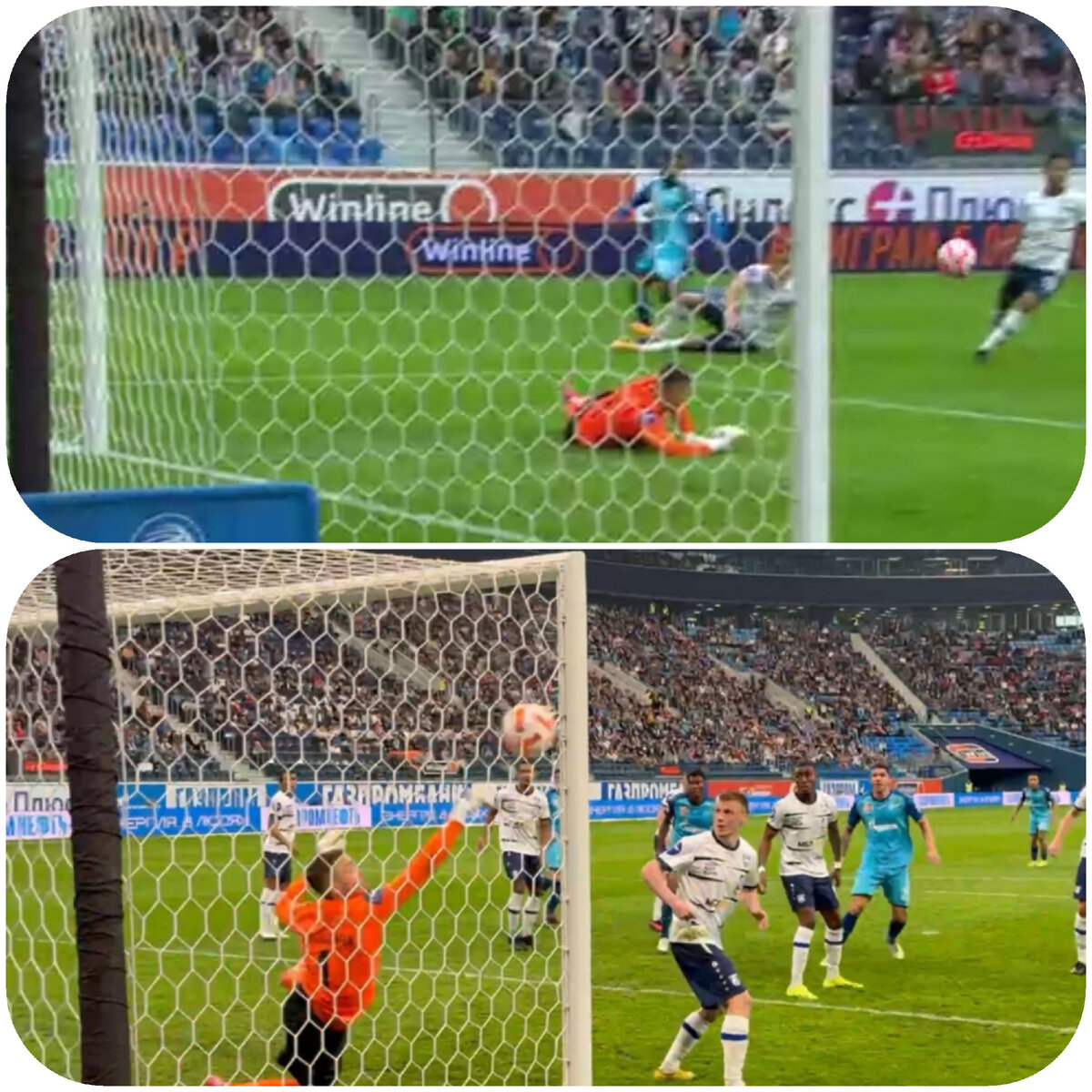 Сверху: удар Вендела парирует вратарь, а внизу: Латышонок отбивает мяч, направленный Эраковичем в самый угол ворот