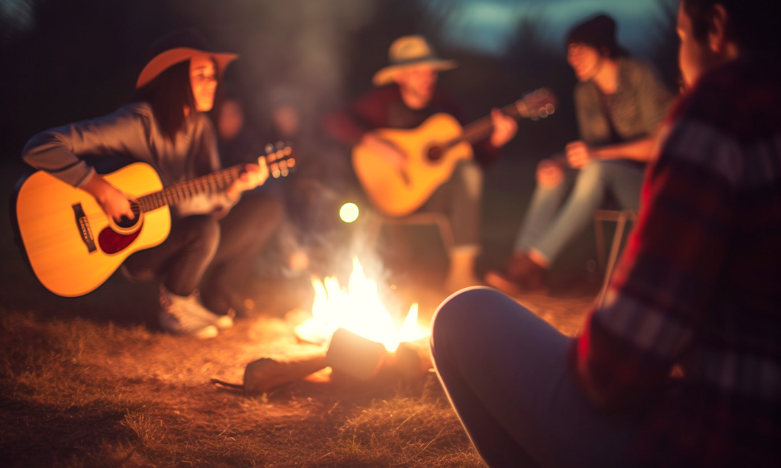 ночная компания у костра с гитарой