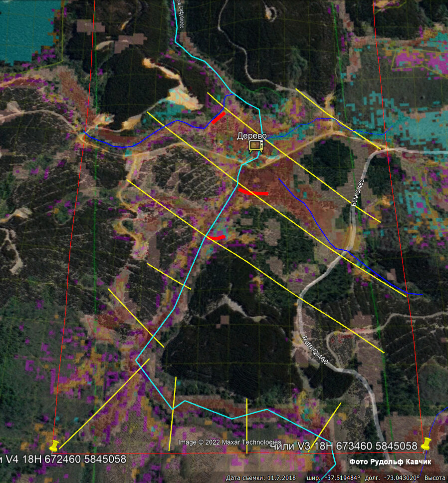 Фото. Спектральная спутниковая карта с отметками перспективных участков при поиске золота.  