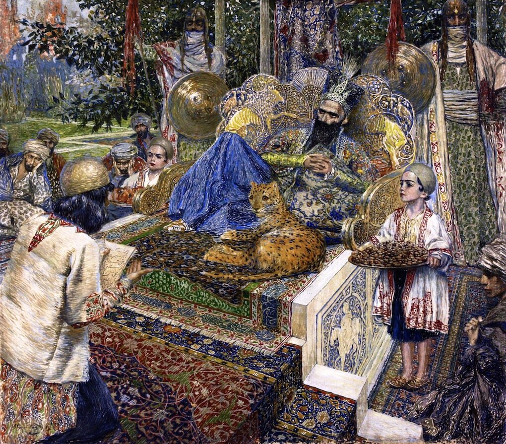 Фирдауси читает поэму «Шахнаме» шаху Махмуду Газневи. Картина В. Суренянца, 1913