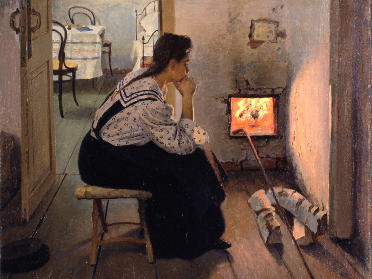 Картина «Думы у печки» советского художника Якова Яковлевича Калиниченко (1869-1938)