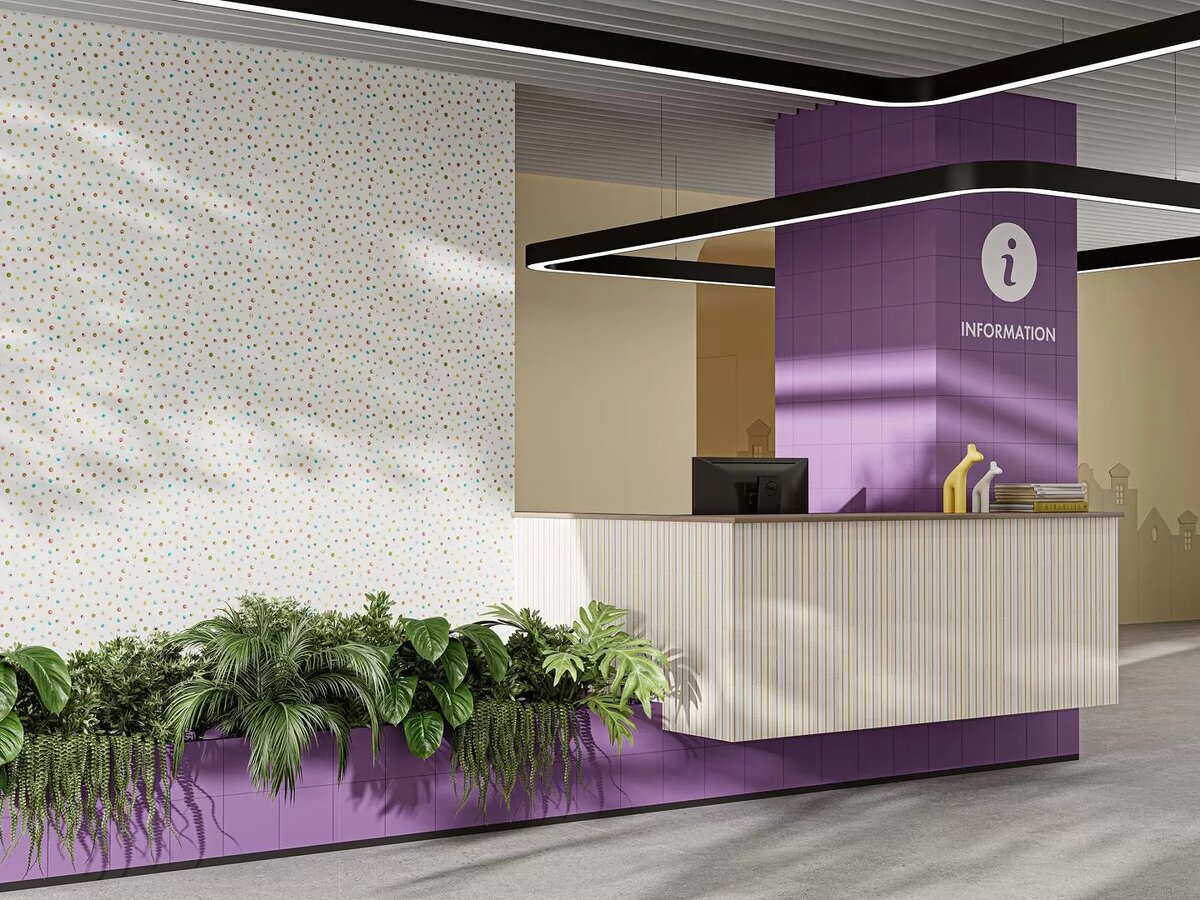 НА СТЕНЕ И ЗОНЕ РЕСЕПШН: ОБОИ ВИНИЛОВЫЕ НА ФЛИЗЕЛИНОВОЙ ОСНОВЕ УИК-ЭНД МОТИВ, ЦВЕТНОЙ КРУГИ + ОБОИ ВИНИЛОВЫЕ НА ФЛИЗЕЛИНОВОЙ ОСНОВЕ УИК-ЭНД МОТИВ, ЦВЕТНОЙ ПОЛОСА