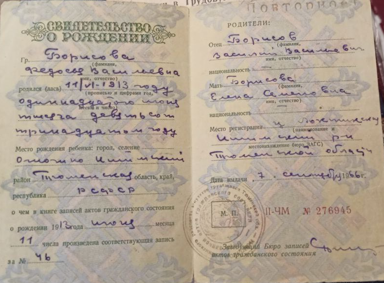Свидетельство о рождении Борисова Федосья Васильевна