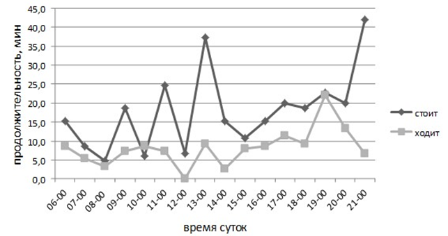 Рисунок 1 - Активность коров породы Шароле в зимнее время, при содержании в корпусах, имеющих на подсосе телят.