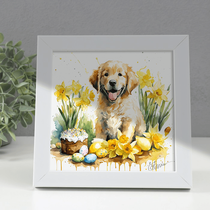 Серия "Пасха". Золотистый ретривер, малыш Барни. # РТ-0007. В белой рамке 18х18 см, размер изображения 15х15 см. 