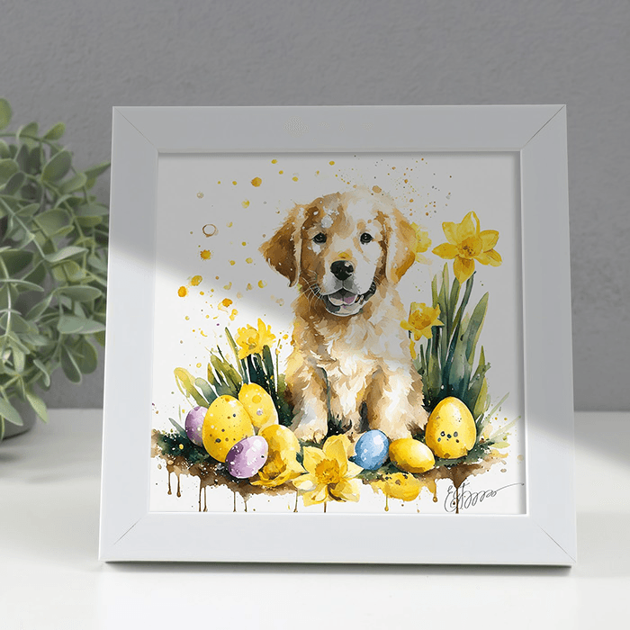 Серия "Пасха". Золотистый ретривер, малышка Бонечка. # РТ-0006. В белой рамке 18х18 см, размер изображения 15х15 см. 