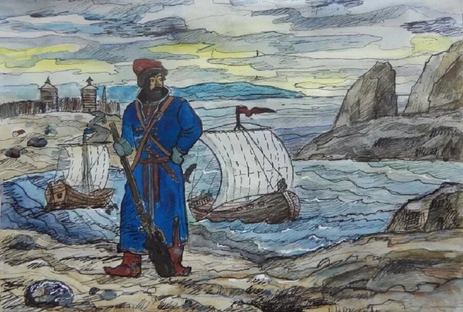 [caption id="attachment_303" align="aligncenter" width="600"] Казак Семён Дежнев на своём коче, обогнув с севера Чукотский полуостров, вышел в Тихий океан через пролив, отделяющий Евразию от Америки[/caption]