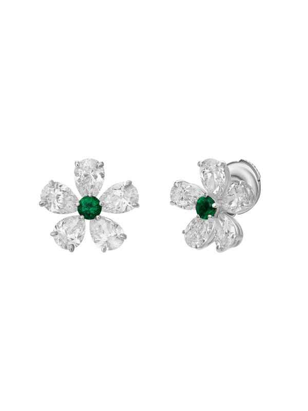 Серьги Mercury Flower из белого золота с бриллиантами и изумрудами