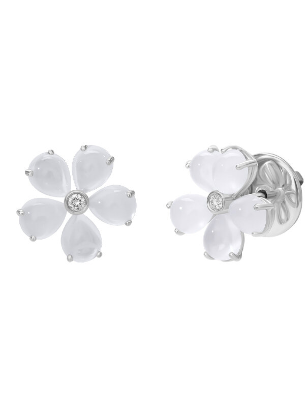 Серьги Mercury Flower из белого золота с бриллиантами и лунным камнем