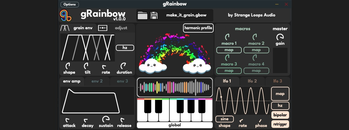 gRainbow - это кроссплатформенный синтезатор, использующий питч детектор для отбора подходящих частей звука для создания гранулярного синтеза или семплирования.