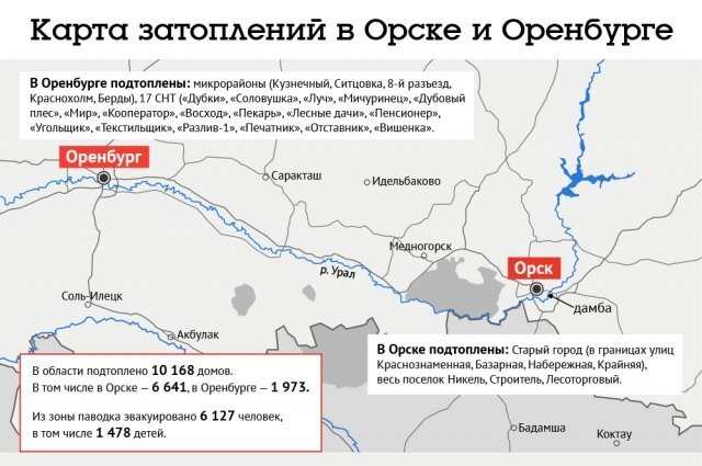    Карта затоплений в Орске и Оренбурге
