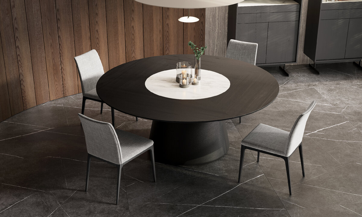 На фото круглый стол "Grey Walnut" с вращающимся центром из белой керамики, стулья Grey