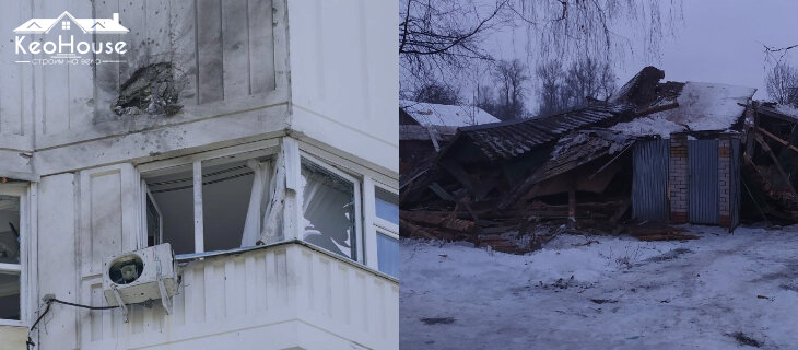 Сравнение повреждений бетонной многоэтажки и деревянного дома.