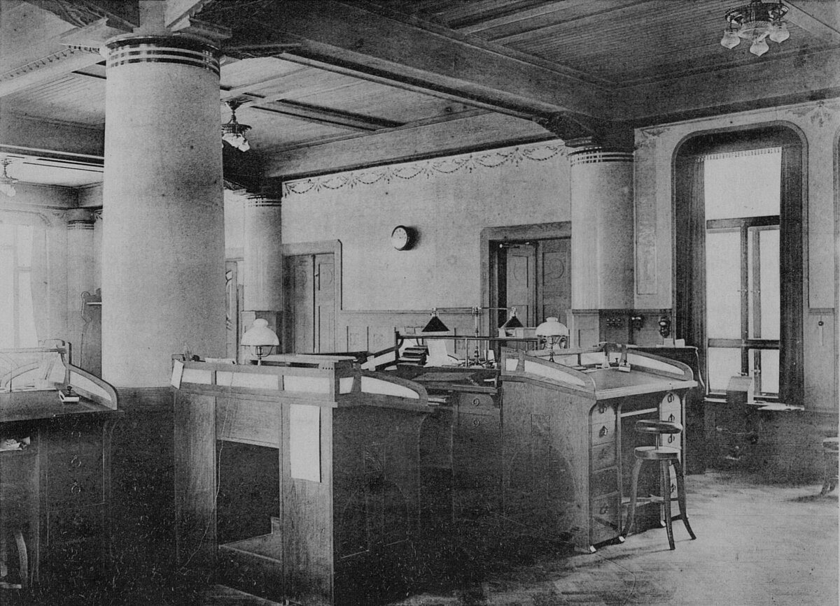 Операционный зал Национального акционерного банка, 1900 - 1905 гг., Снимок из журнала Kotitaide, 1905, no. 7