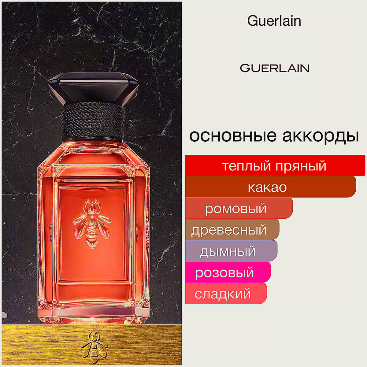 В пирамиду аромата входят ноты: какао, ром, специи, дым, чай, роза, пачули.