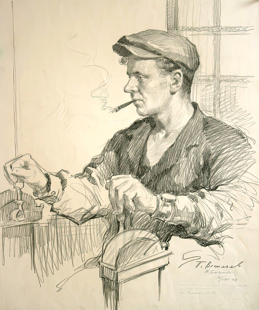 «Машинист рудника «Гора Высокая» Д.Ф. Пестов». Автор Васильев П.В. 1942 г. Источник: https://rusmuseumvrm.ru/reference/classifier/author/vasilev_petr_vasilevich_mr/
