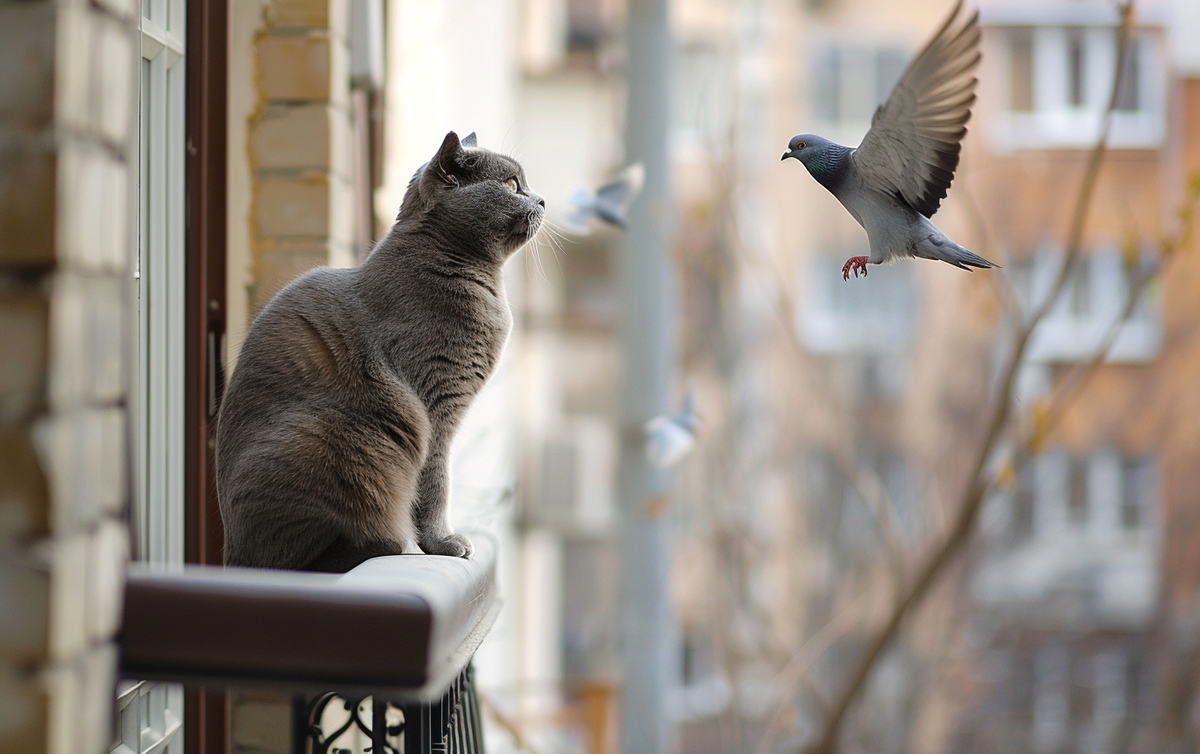 Британская короткошерстная кошка смотрит на летающего голубя / Изображение: AlphaPet