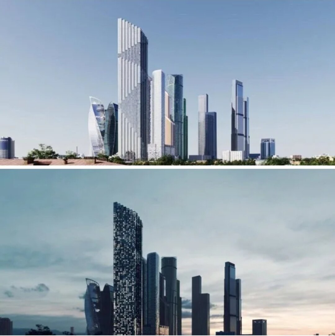 Будущий небоскрёба "Дом Дау" днём и ночью. 