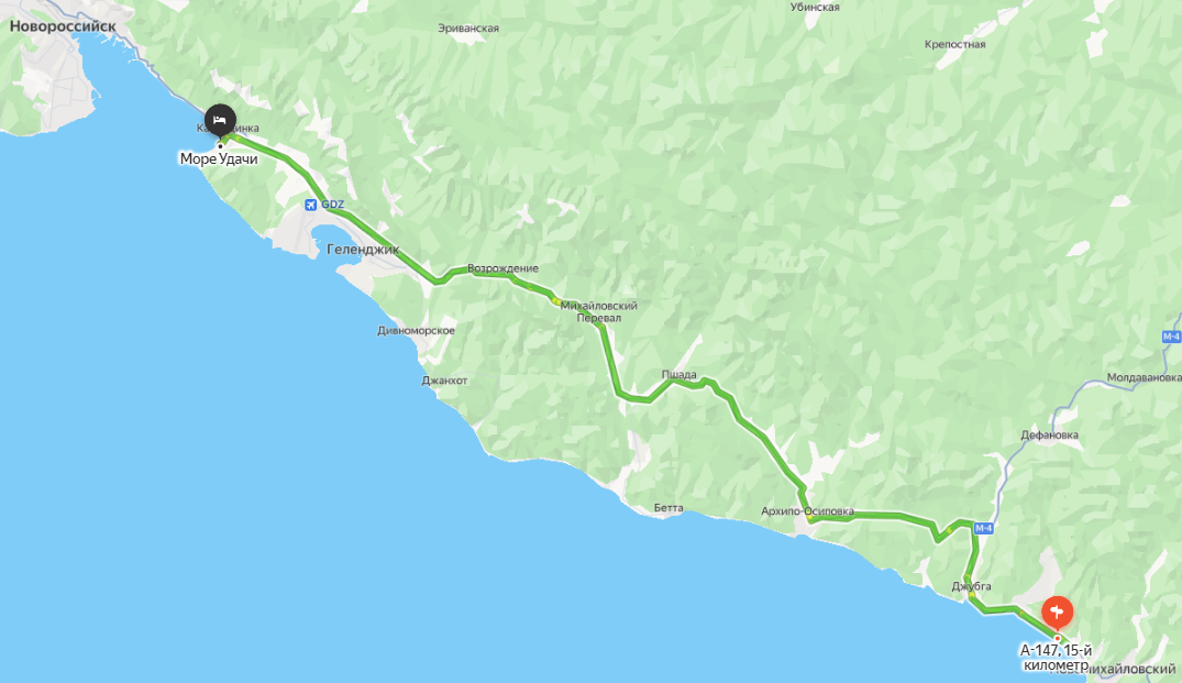 Маршрут Лермонтово – Кабардинка. Информация из сервиса Яндекс Карты