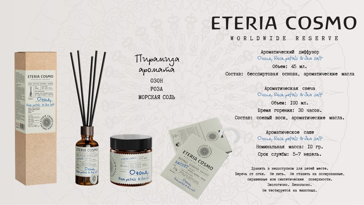 Озон роза и морская соль ETERIA COSMO диффузор 45 мл, аромасвеча 100 мл, ароматическое саше 10 гр.