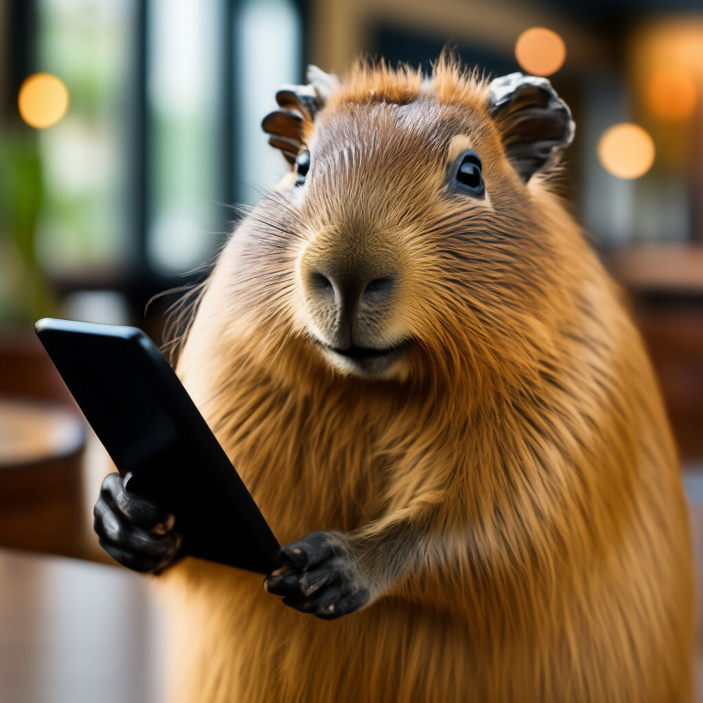 Картинка из Шедеврума. Даже капибаре нужен смартфон!