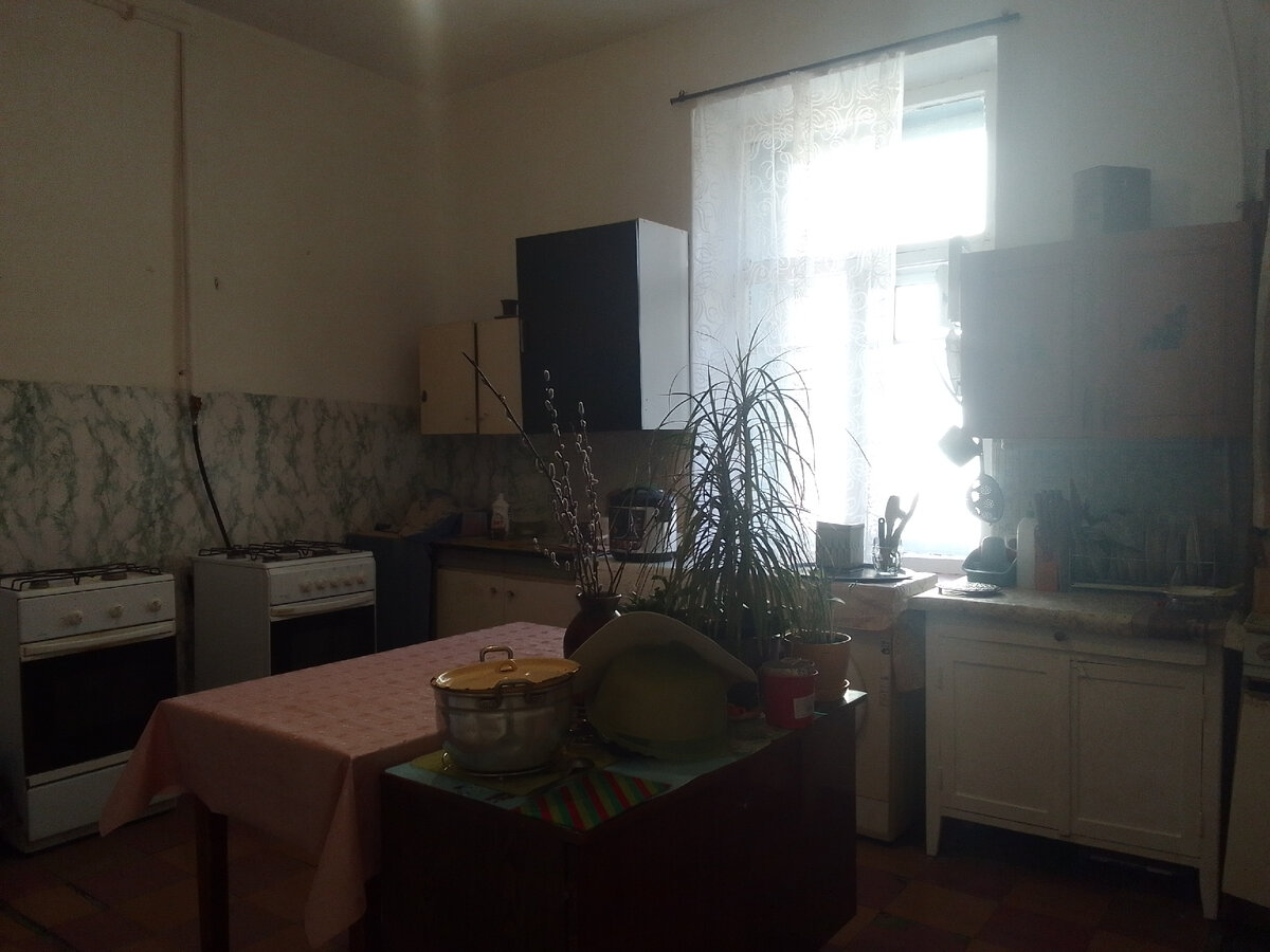 Так выглядит наша кухня 18 кв. метров. Стол с розовой скатертью общий.